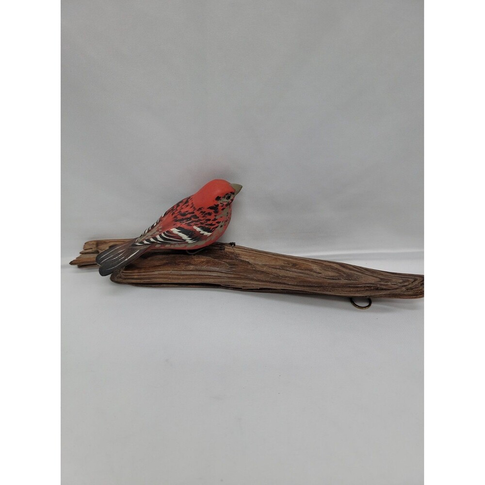 Handmade Male Grosbeak Bird On Natural Driftwood Decor Unique Realistic